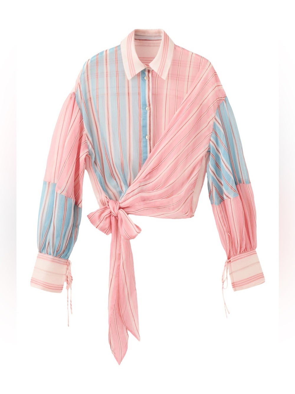 MANGO MNG Sheer Stripe Tie Hem Button Down Shirt Blouse Size Large